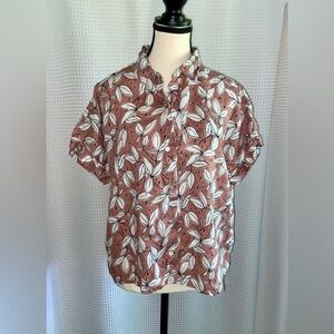 Rachel Zoe 100% Linen Leaf Print Button Shirt M Oversized‎ Fit